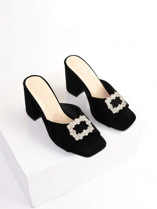 Women Rhinestone Decor Mule Sandals, Faux Suede Square Toe Chunky Heeled Glamorous Sandals Valentines