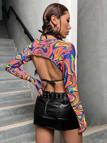 SHEIN ICON Áo croptop siêu ngắn in họa tiết phản quang toàn thân, không kèm áo lót, thích hợp cho tiệc tùng mùa hè, ánh sáng neon rực rỡ. - Nhiều màu - Xem 2