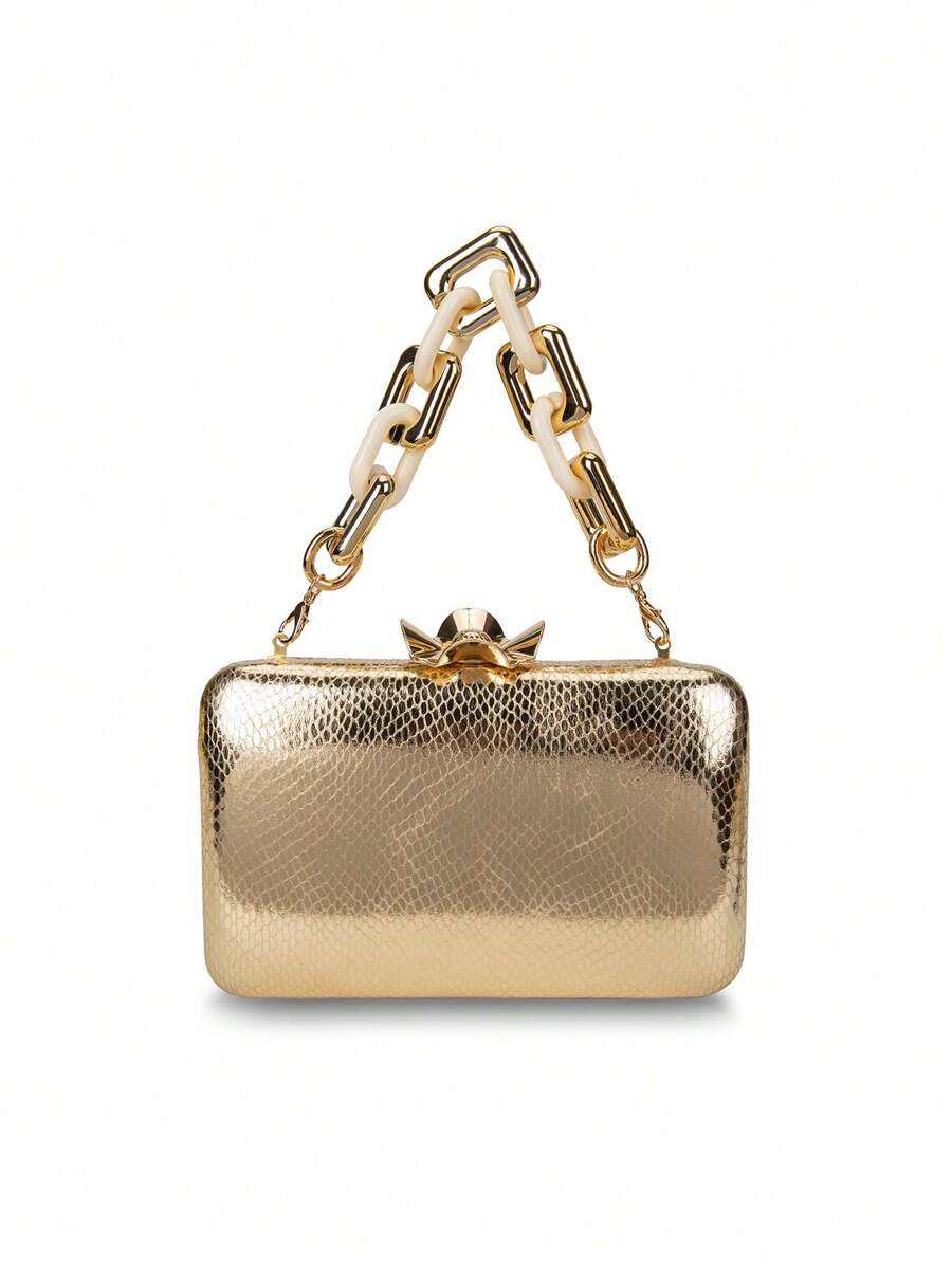 Mini Box Bag Metallic Pattern Chain Strap - Gold - View 1