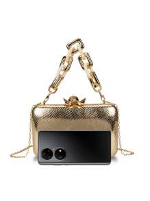 Mini Box Bag Metallic Pattern Chain Strap - Gold - View 5
