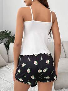 Conjunto de pijama con gráfico de caricatura, ribete de lechuga y lazo frontal