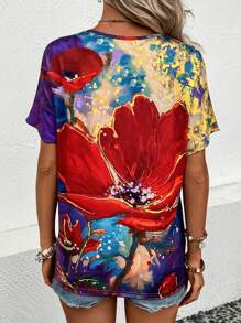 SHEIN LUNE Camiseta con estampado floral de cuello V - Multicolor - Ver 2