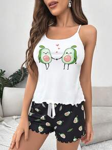 Conjunto de pijama con gráfico de caricatura, ribete de lechuga y lazo frontal