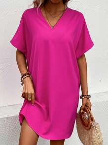 SHEIN LUNE Vestido túnico unicolor de manga murciélago - Rosa Fucsia - Ver 1