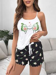 Conjunto de pijama con gráfico de caricatura, ribete de lechuga y lazo frontal