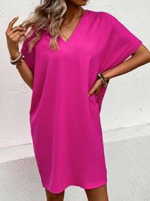 SHEIN LUNE Vestido túnico unicolor de manga murciélago - Rosa Fucsia - Ver 3