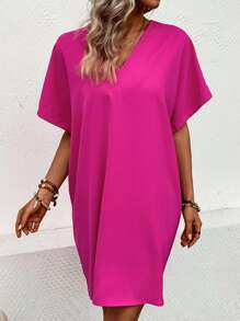 SHEIN LUNE Vestido túnico unicolor de manga murciélago - Rosa Fucsia - Ver 5