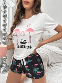Flamingo & Slogan Graphic Tee & Shorts PJ Set / Pajama Set - Multicolor - View 1