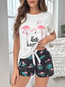 Flamingo & Slogan Graphic Tee & Shorts PJ Set / Pajama Set - Multicolor - View 3