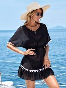 EMERY ROSE Pom Pom Trim Drawstring Waist Cover Up Dress - Black - View 4
