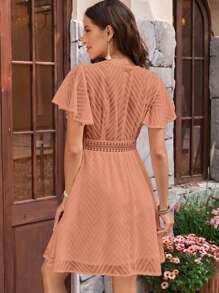 SHEIN VCAY 蕾絲拼接蝴蝶袖鏤空蕾絲花邊洋裝 - 橘色 - 查看 2