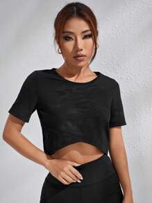 Easithlete 纯色插肩袖无缝运动T恤修身衬衫健身背心健身房女式衬衫 - 黑色 - 查看 4