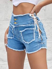 Lace Up Side Raw Trim Denim Shorts - Medium Wash - View 3