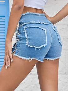 Lace Up Side Raw Trim Denim Shorts - Medium Wash - View 2
