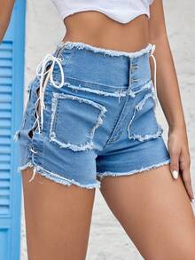 Lace Up Side Raw Trim Denim Shorts - Medium Wash - View 4