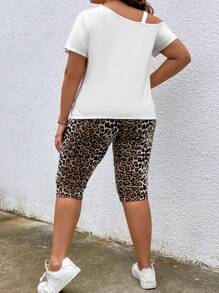 SHEIN LUNE 大碼標語圖案T恤和豹紋印花緊身打底褲 - 彩色 - 查看 2