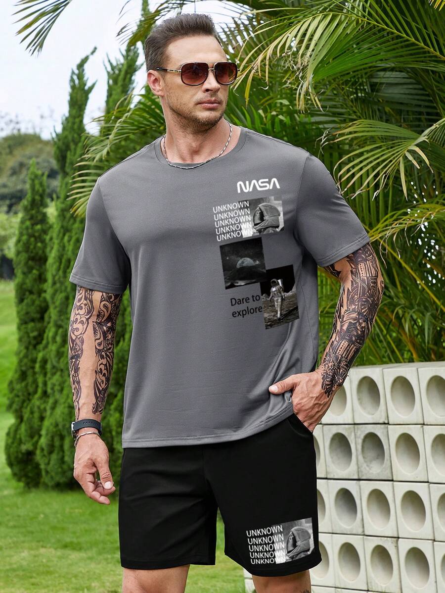 Manfinity Homme Bộ hai mảnh Nam Dây kéo Túi Con số Lá thư Giải trí - Xám - Xem 1
