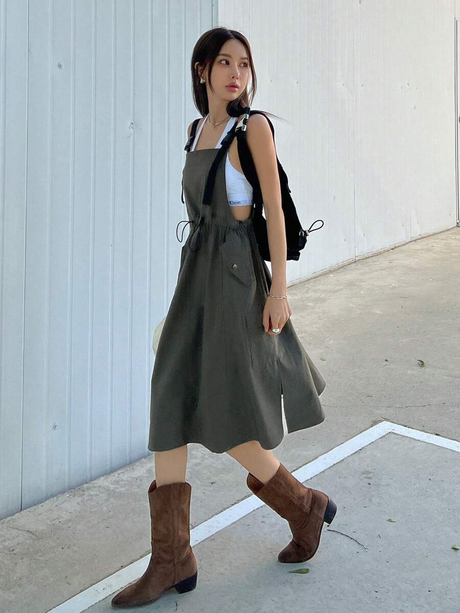 DAZY Đầm Nút Dây kéo Túi Chia màu trơn Giải trí - màu xanh lá - Xem 1