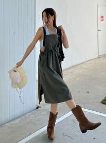 DAZY Đầm Nút Dây kéo Túi Chia màu trơn Giải trí - màu xanh lá - Xem 3