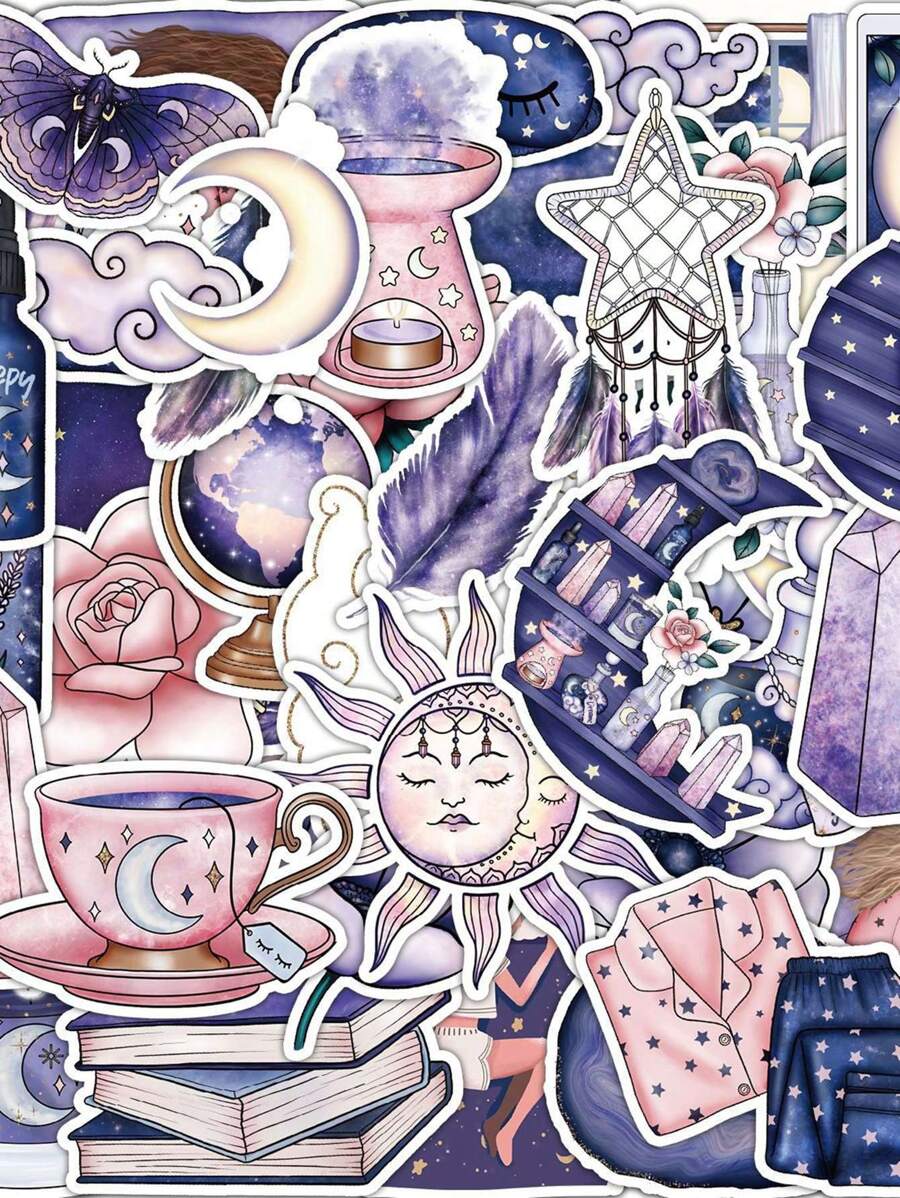 50pcs Mixed Pattern Assorted Sticker, Creative Multi-Purpose Decorative Sticker For DIY Craft, Hand Account, Decoration Back To School - Purple - View 1