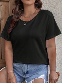 SHEIN LUNE Plus Solid Round Neck Tee - Black - View 3
