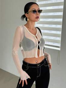 DAZY Áo nữ cắt Nút phía trước màu trơn Gợi cảm - Màu be - Xem 4