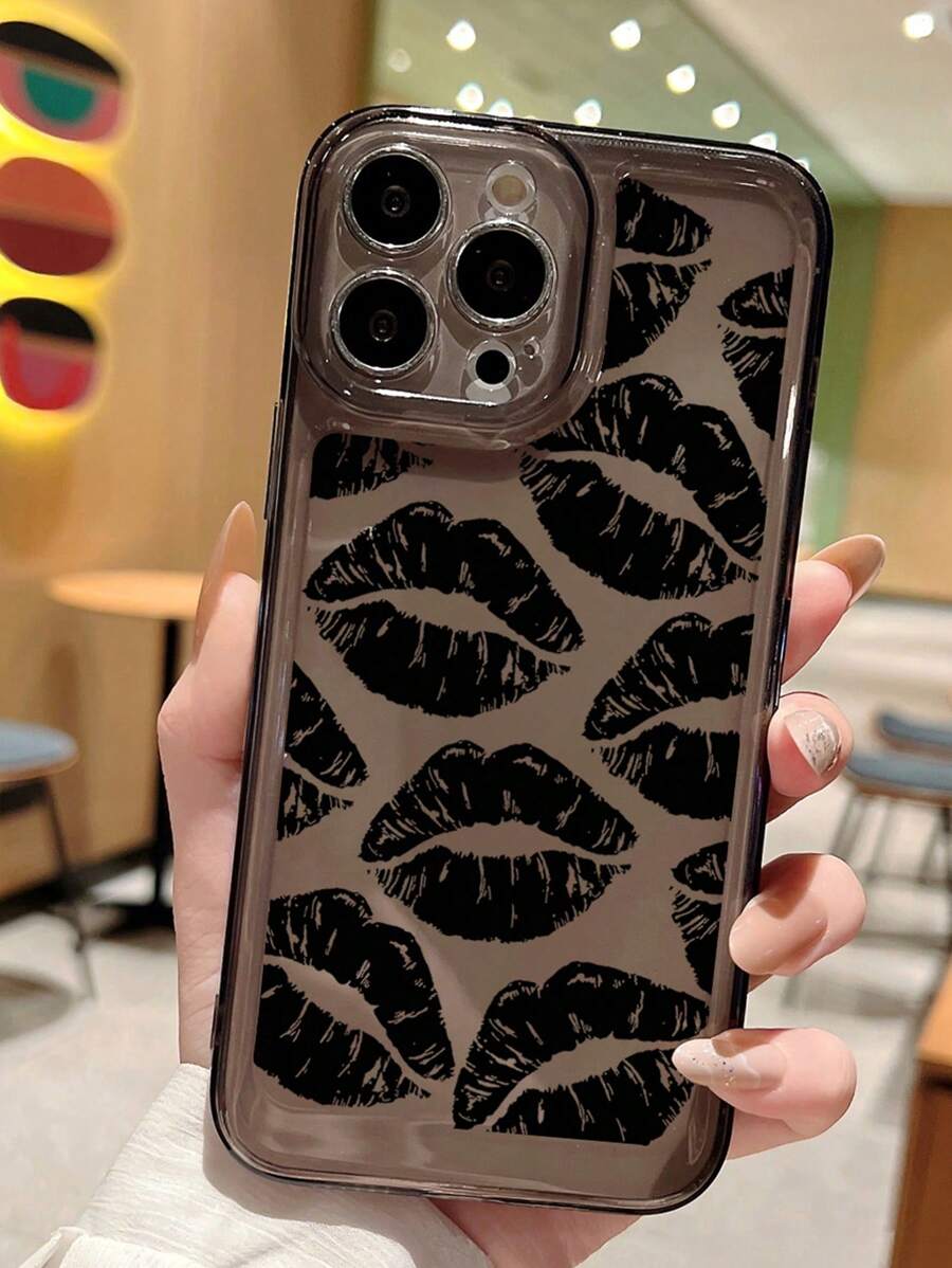 Lip Pattern Clear Phone Case - Black - View 1