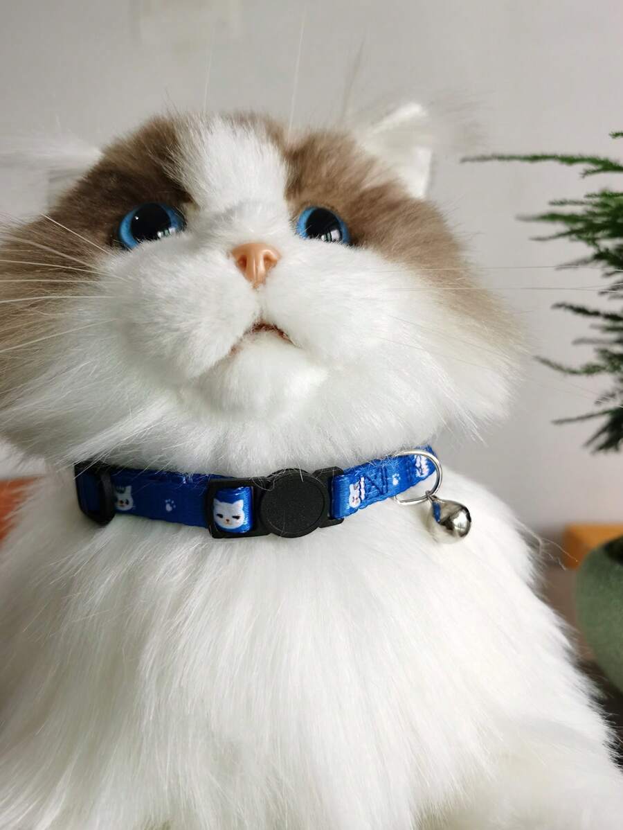 1 pieza Collar para mascota con patrón de gato de dibujos animados con diseño de campana para perro con gato para exterior - Azul y blanco - Ver 1