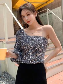 DAZY One Shoulder Lantern Sleeve Sequin Tee - Dark Grey - View 4