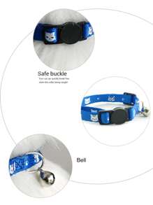 1 pieza Collar para mascota con patrón de gato de dibujos animados con diseño de campana para perro con gato para exterior - Azul y blanco - Ver 3