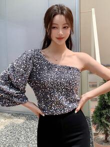 DAZY One Shoulder Lantern Sleeve Sequin Tee - Dark Grey - View 5