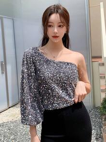DAZY One Shoulder Lantern Sleeve Sequin Tee - Dark Grey - View 7