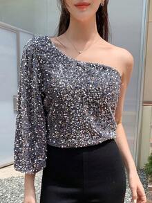 DAZY One Shoulder Lantern Sleeve Sequin Tee - Dark Grey - View 8