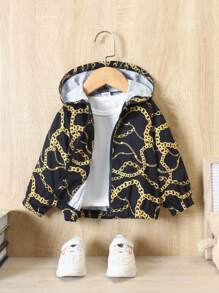 SHEIN Baby Boy Chain Print Zip Up Hooded Jacket Without Tee - Black - View 1