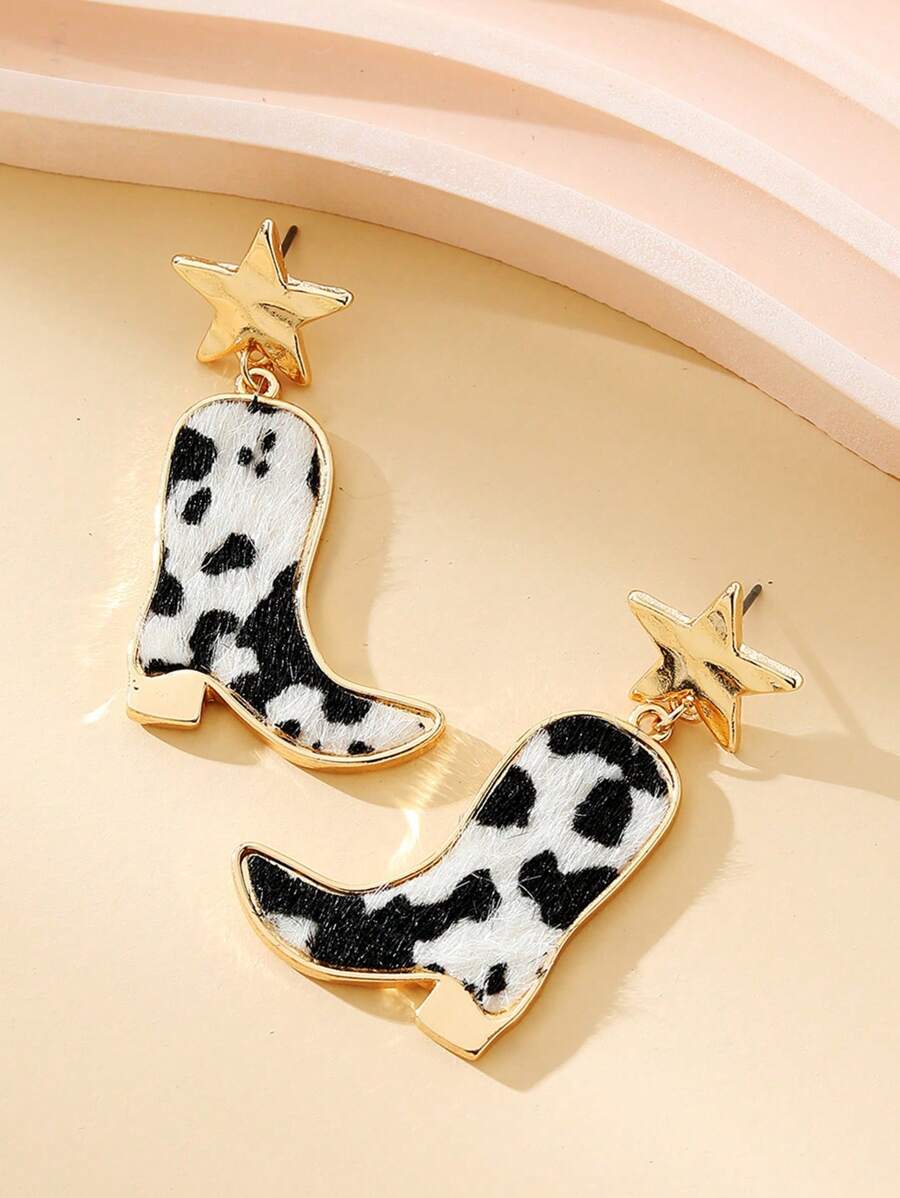 2入組西方風格奶牛圖案鑰匙扣和星形牛仔耳環個性化禮品 - 彩色 - 查看 1