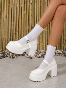 Giày cao gót Mary Jane theo phong cách tối giản dành cho nữ, Giày cao gót đế xuồng thanh lịch - trắng - Xem 5