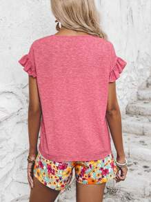 SHEIN LUNE ribete con fruncido Camiseta & con estampado floral Shorts con cinturón - Multicolor - Ver 3