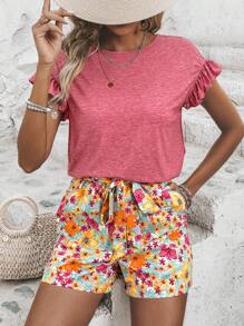 SHEIN LUNE ribete con fruncido Camiseta & con estampado floral Shorts con cinturón - Multicolor - Ver 2