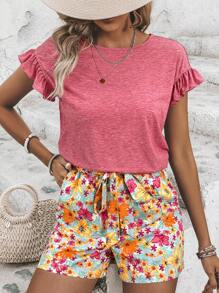 SHEIN LUNE ribete con fruncido Camiseta & con estampado floral Shorts con cinturón - Multicolor - Ver 4