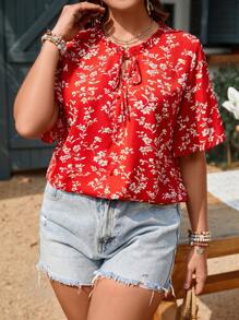 Breezaya 大碼印花繫帶領襯衫 - 紅色 - 查看 6