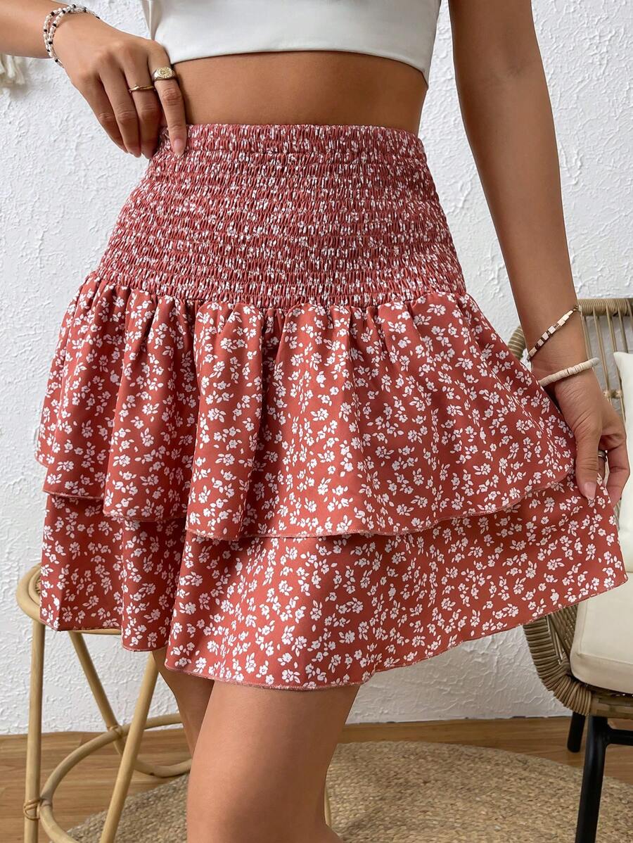 SHEIN Frenchy Ditsy Floral Print Shirred Waist Two Layer Hem Skirt - Multicolor - View 1