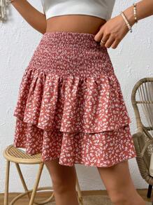 SHEIN Frenchy Ditsy Floral Print Shirred Waist Two Layer Hem Skirt - Multicolor - View 5