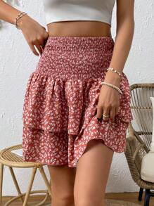 SHEIN Frenchy Ditsy Floral Print Shirred Waist Two Layer Hem Skirt - Multicolor - View 6