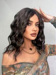 18英寸全機織合成纖維耐高溫短捲中分假髮,日常自然逼真,棕色