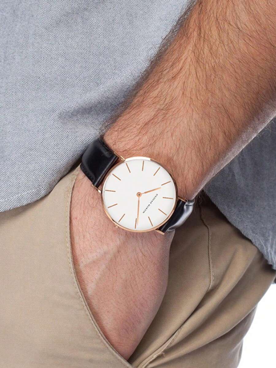 HANNAH MARTIN 1入組黑色PU聚氨酯帶休閒防水圓形錶盤石英表,適用於日常生活