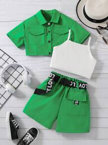 SHEIN 女孩素色吊帶背心和短褲和翻蓋口袋襯衫 - 彩色 - 查看 1