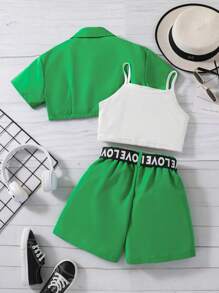 SHEIN 女孩素色吊帶背心和短褲和翻蓋口袋襯衫 - 彩色 - 查看 2