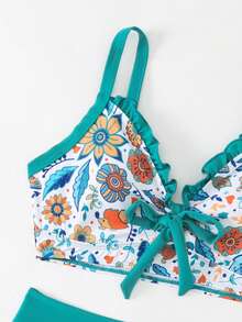印花褶邊比基尼泳裝 - 藍色 - 查看 6