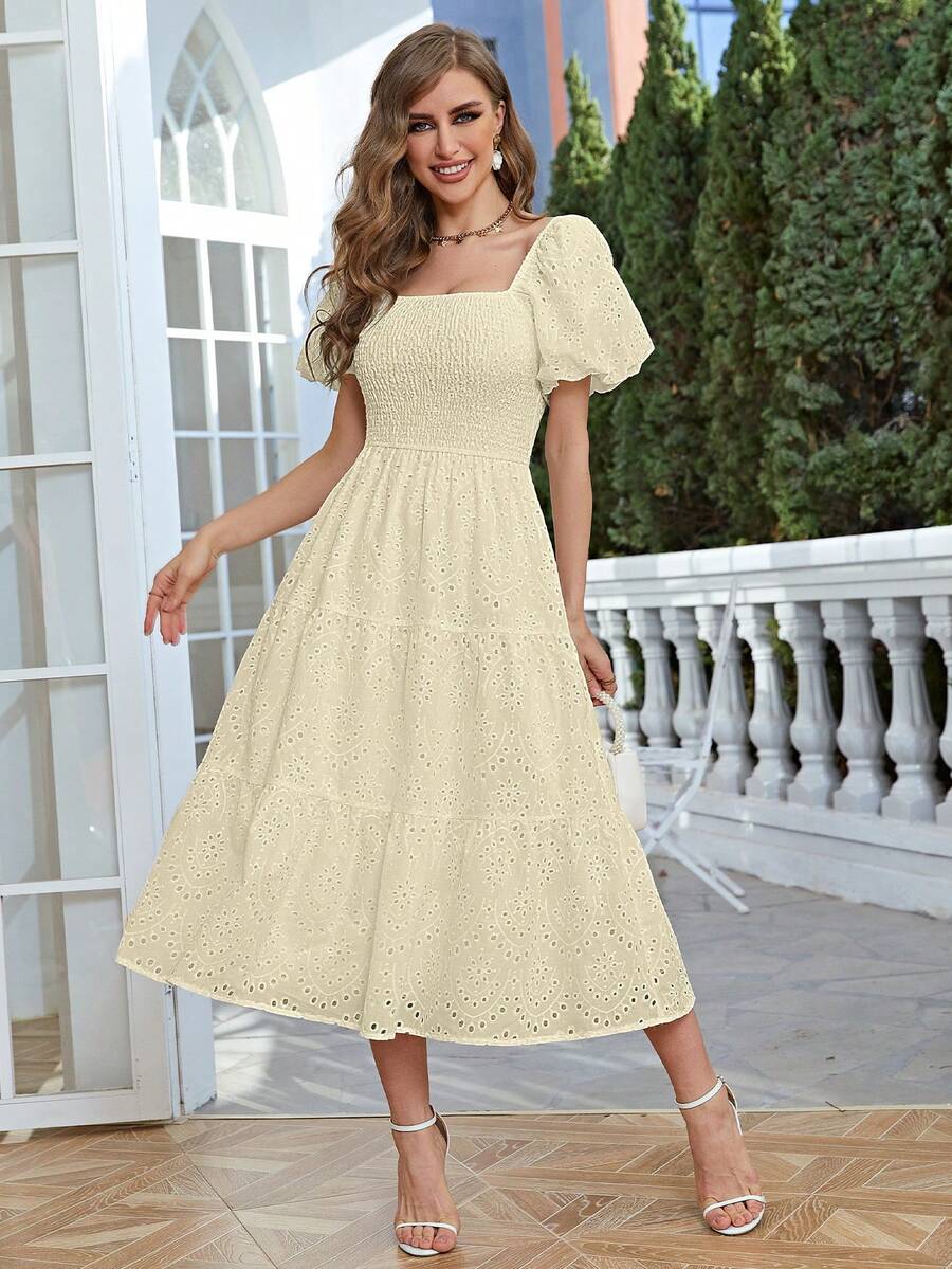 Simplee Vestido schiffy de cuello cuadrado de manga farol bajo con fruncido