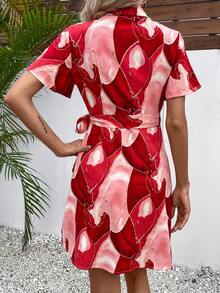 SHEIN LUNE Allover Print Knot Side Wrap Dress - Red - View 3